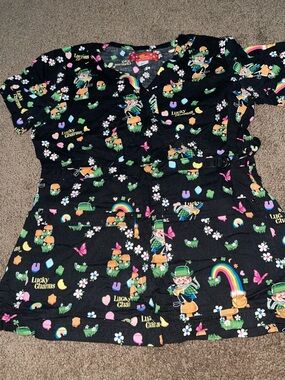 Lucky Charms Black Scrub Top with Rainbow & Leprechaun Print